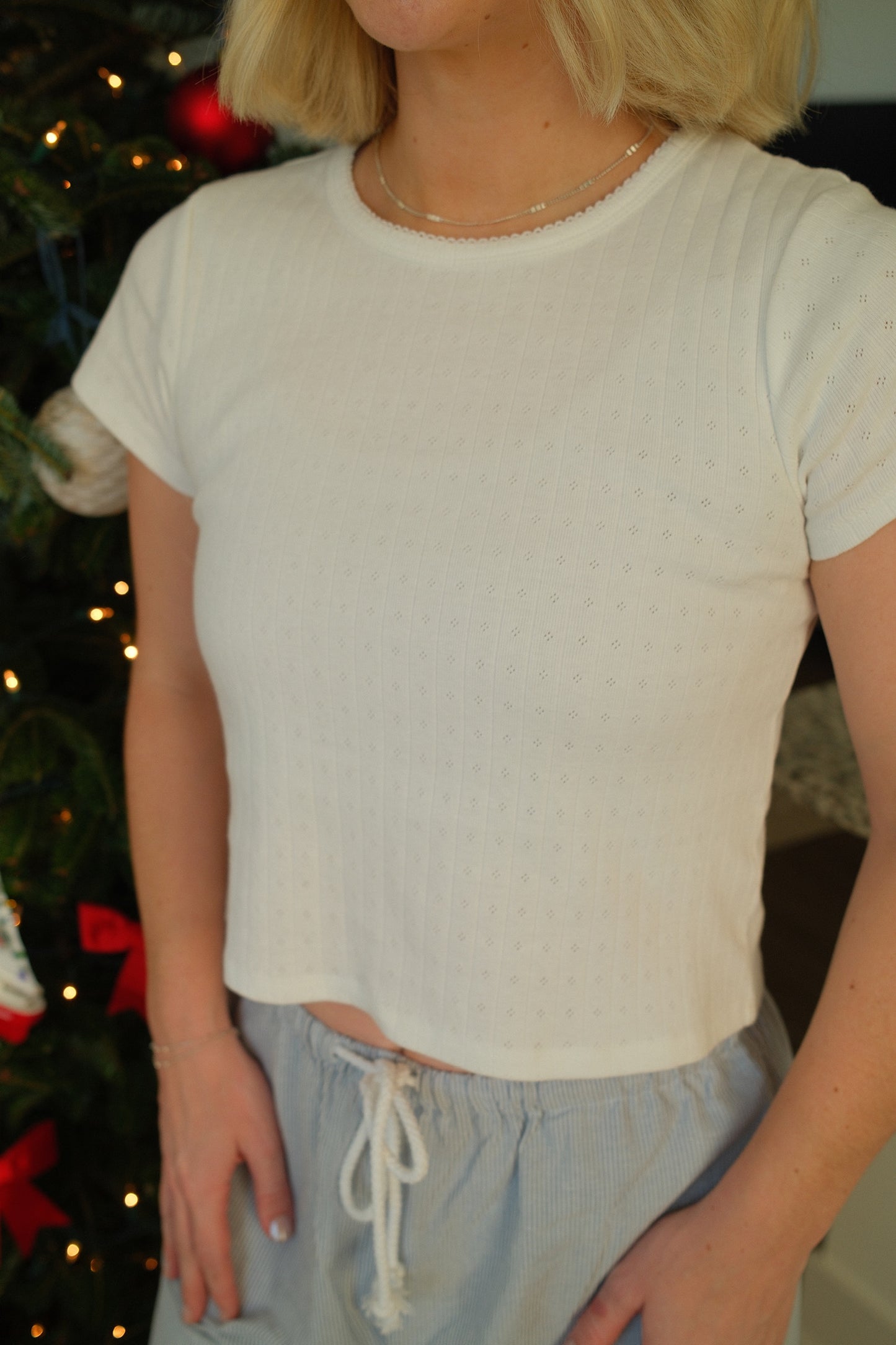 White Pointelle Tee