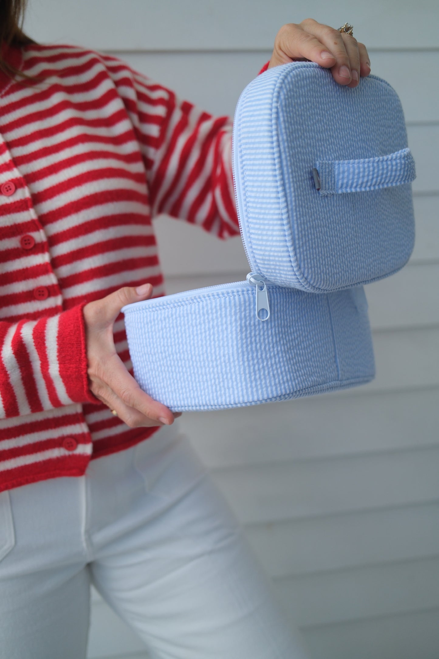 Baby Blue Seersucker Train Case
