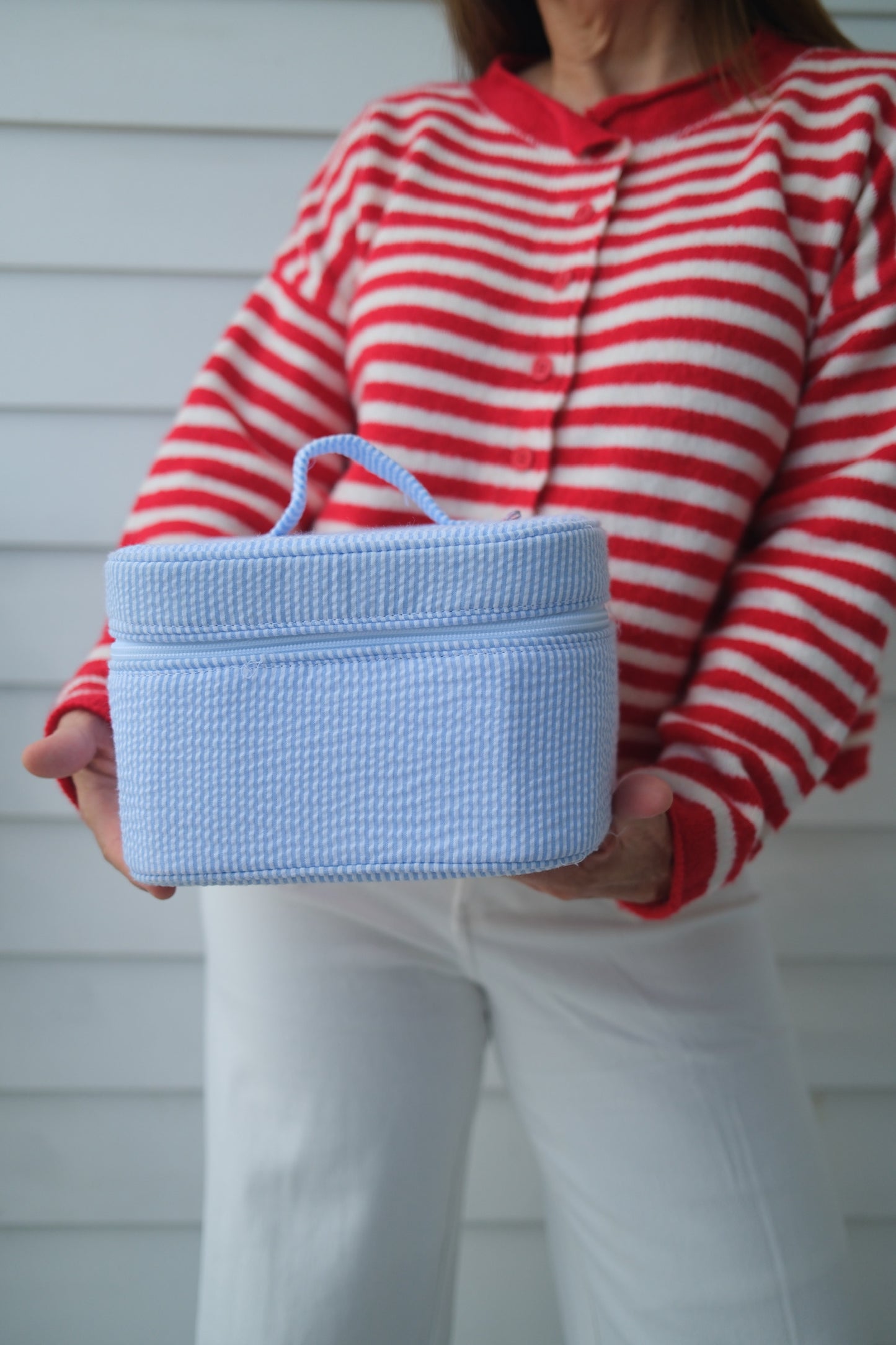 Baby Blue Seersucker Train Case